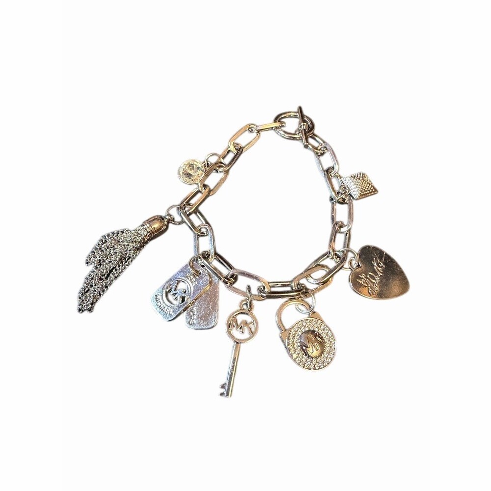 Michael Kors Bracelet Silver Tone Chunky Oval Link Chain Charm Toggle Tassel